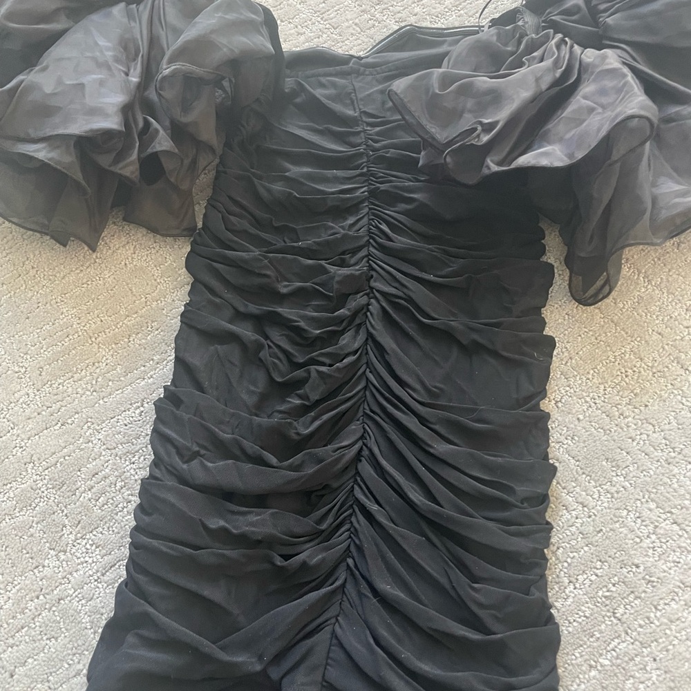 SHEIN Black Ruched Off-Shoulder Mini Dress with Puff Sleeves worn once